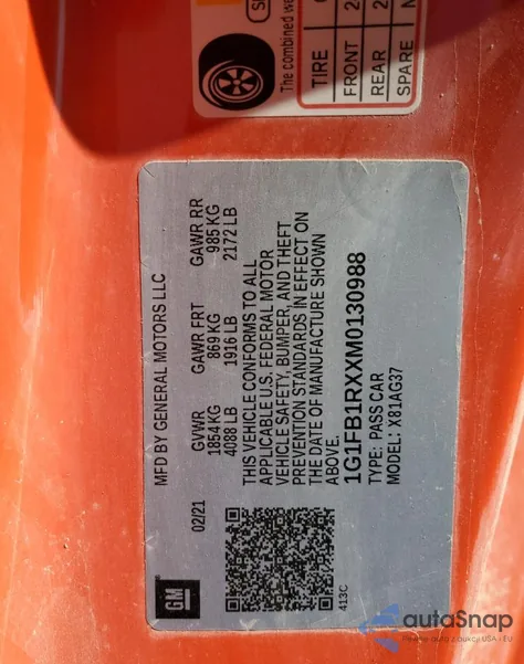 2021 Chevrolet Camaro Ls из США, поврежденный, VIN 1G1FB1RXXM0130988